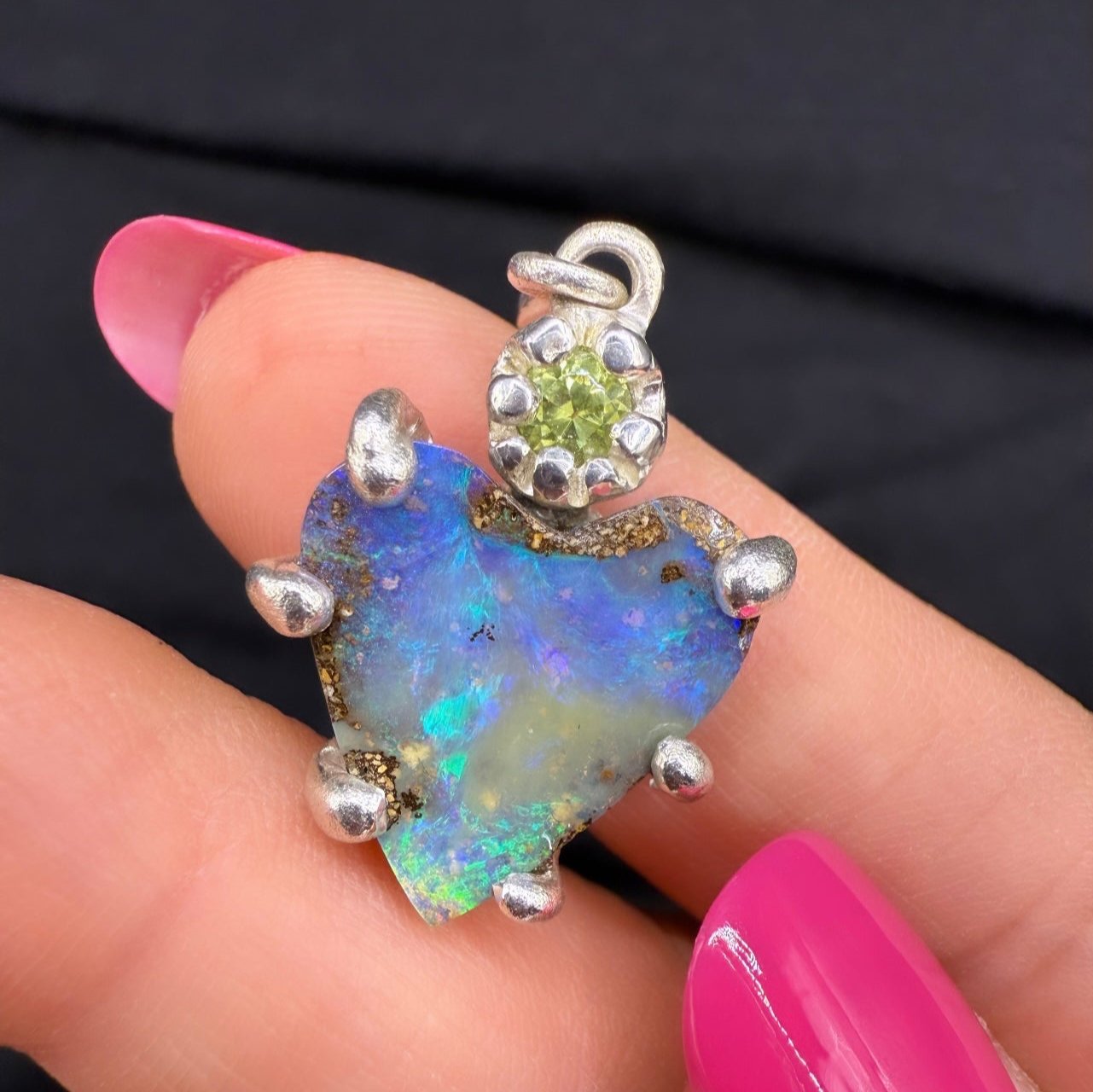 Australian Opal & Peridot Heart Pendant (Sterling Silver)