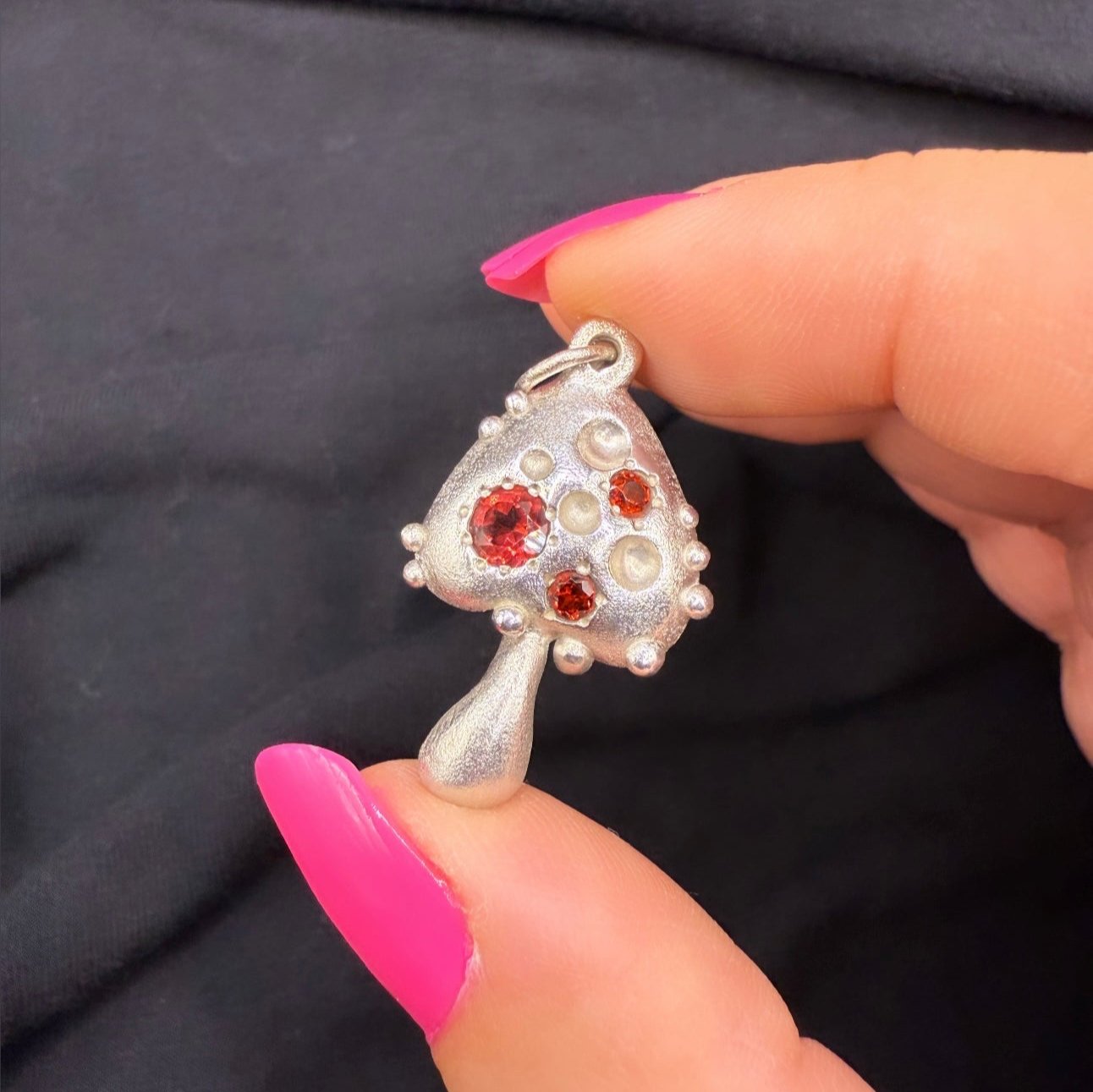 Silver XL "Garnet Superpower" Mushroom Pendant