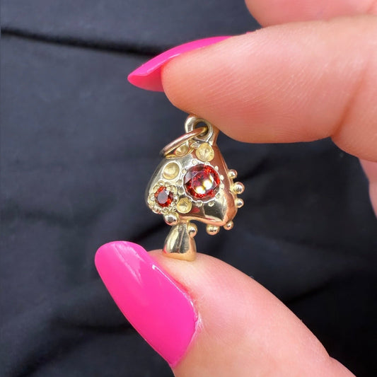 9K Yellow Gold "Garnet Glory" Mushroom Pendant